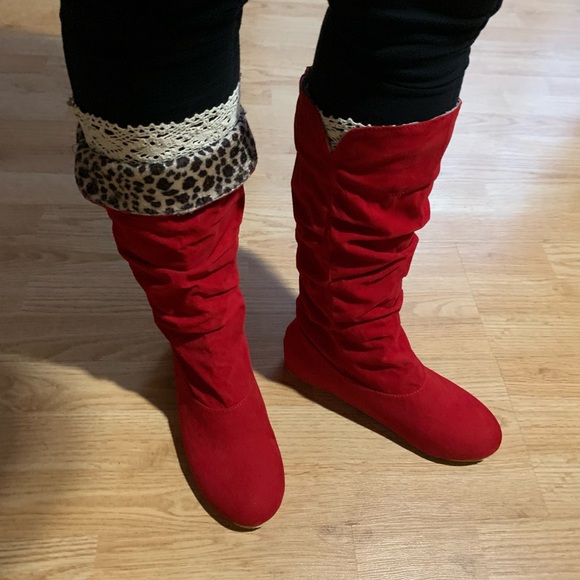 SHEIN Shoes - Red Boots with Lace/Leopard Print Inside (Big Calves Friendly)